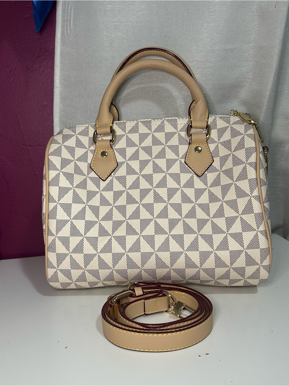 Beige white Satchel Handbag with Detachable Strap